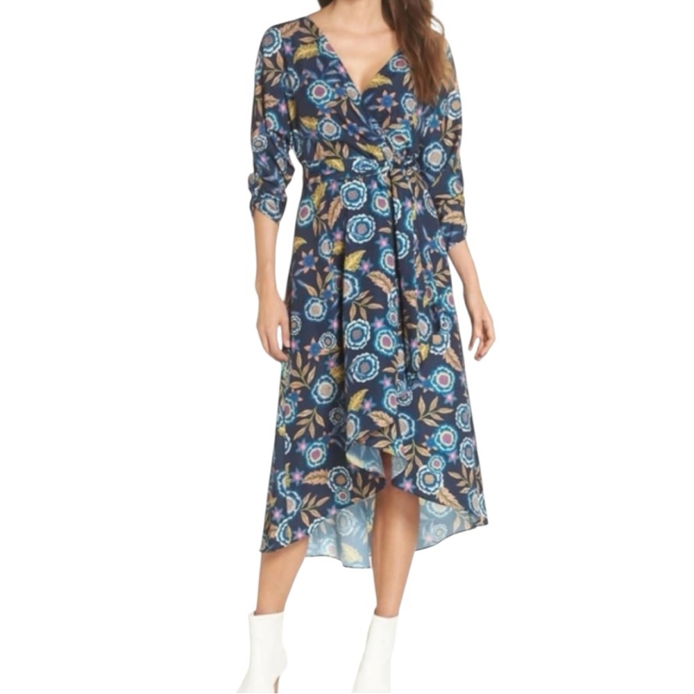 Eliza J Women’s Floral High/Low Faux Wrap Dress ‎ Sz 8P